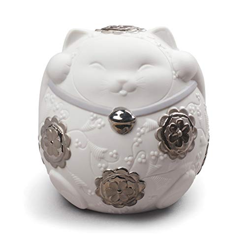 Lladró Maneki Neko II Statuetta Gatto Fortunato Argento