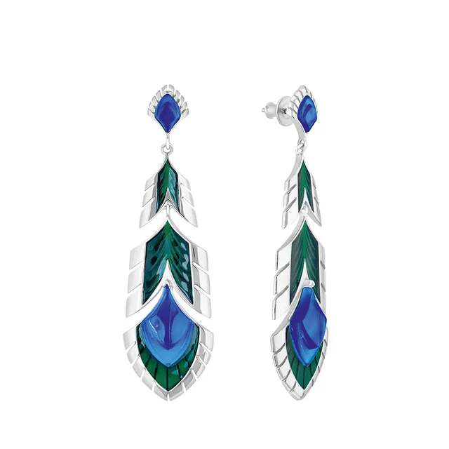 René Lalique Paon orecchini pavone argento cristallo blu L