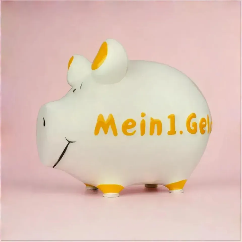 Sparschwein Mein 1. Geld salvadanaio maialino ceramica bianco giallo