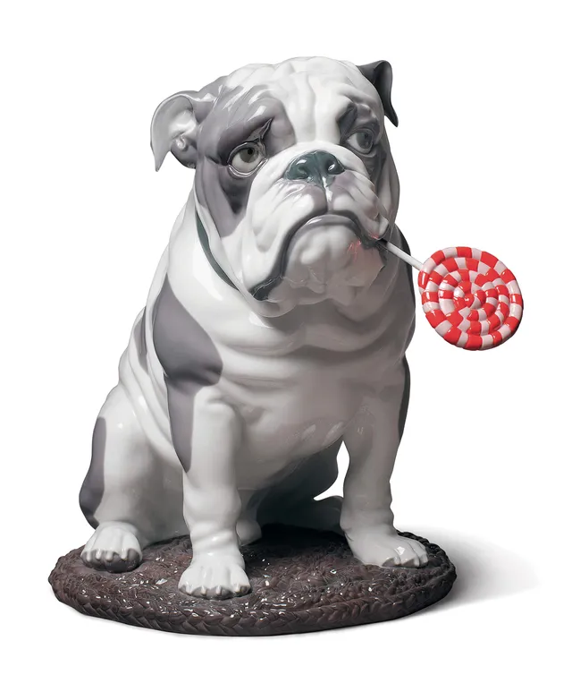 Lladró Sculture Cane Bulldog con Leccalecca Figurina Porcellana