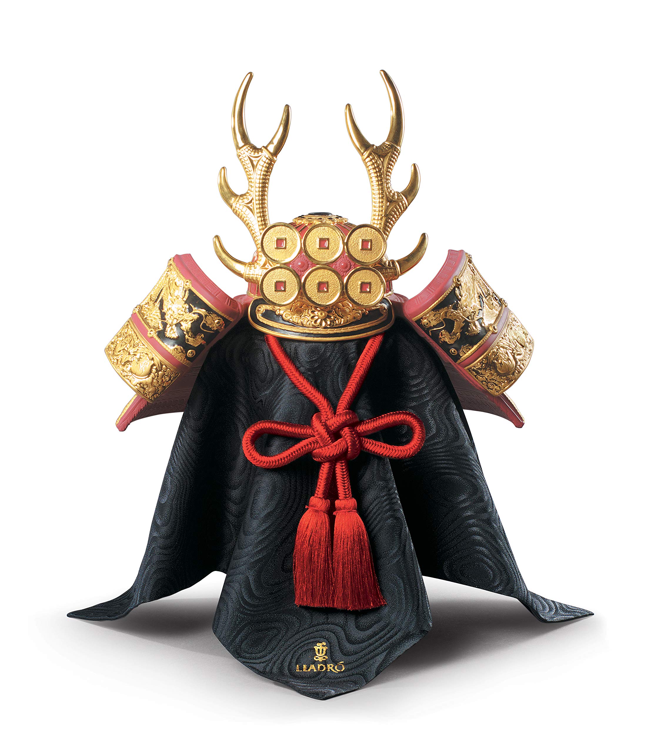 Lladró Elmetto Samurai scultura porcellana rossa lustro oro
