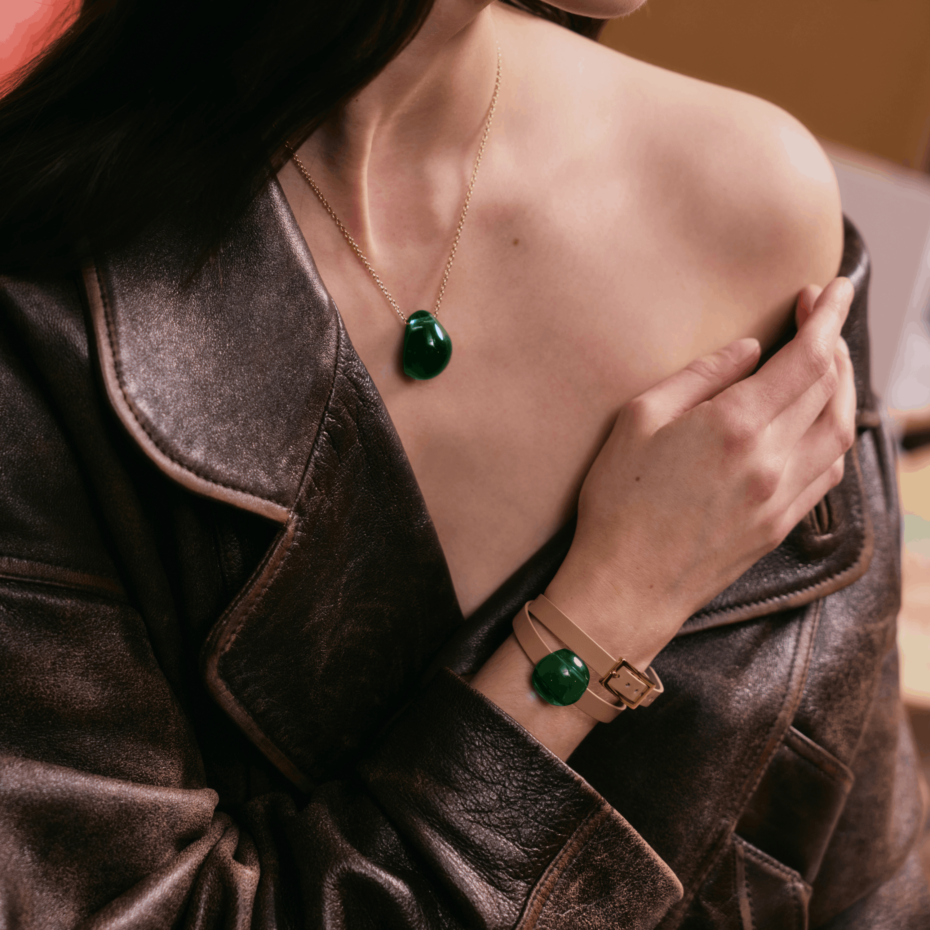 Lalique Cabochon bracciale pelle verde profondo