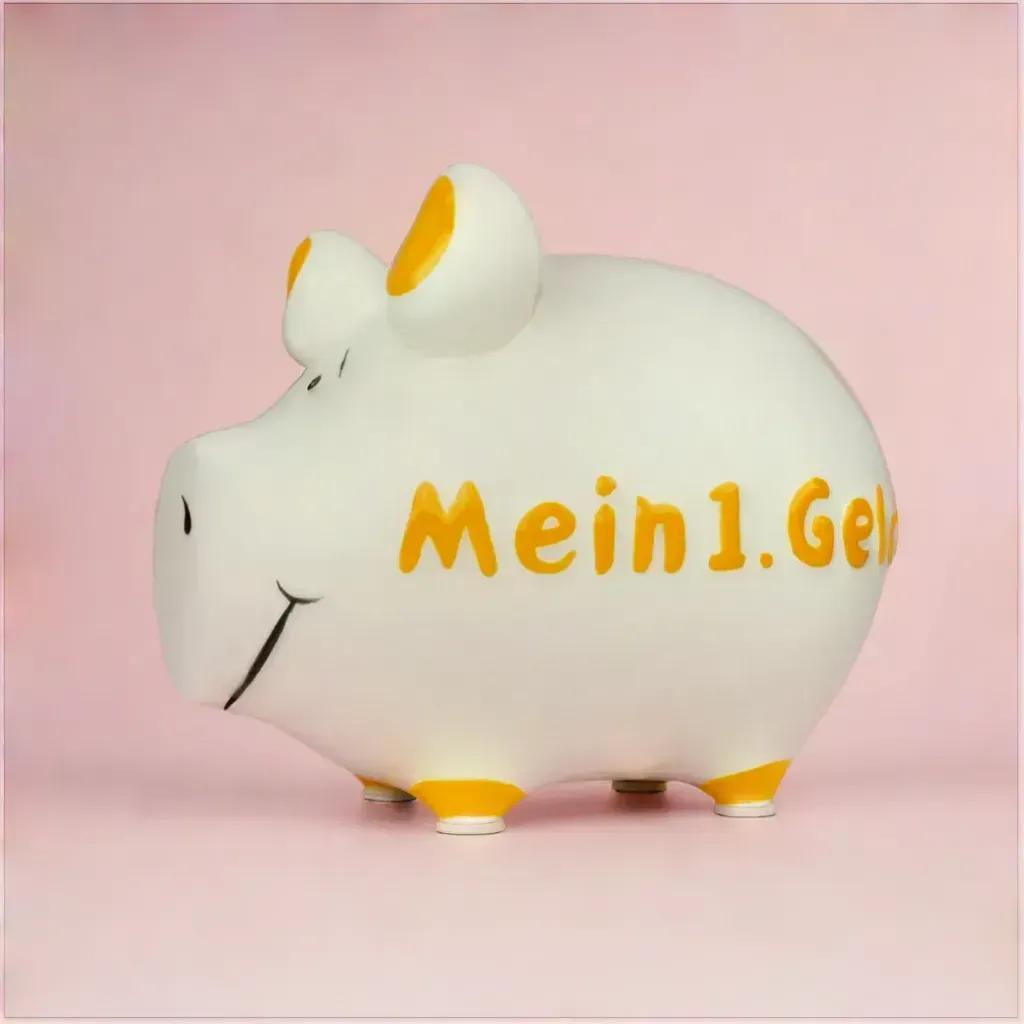 Sparschwein Mein 1. Geld salvadanaio maialino ceramica bianco giallo