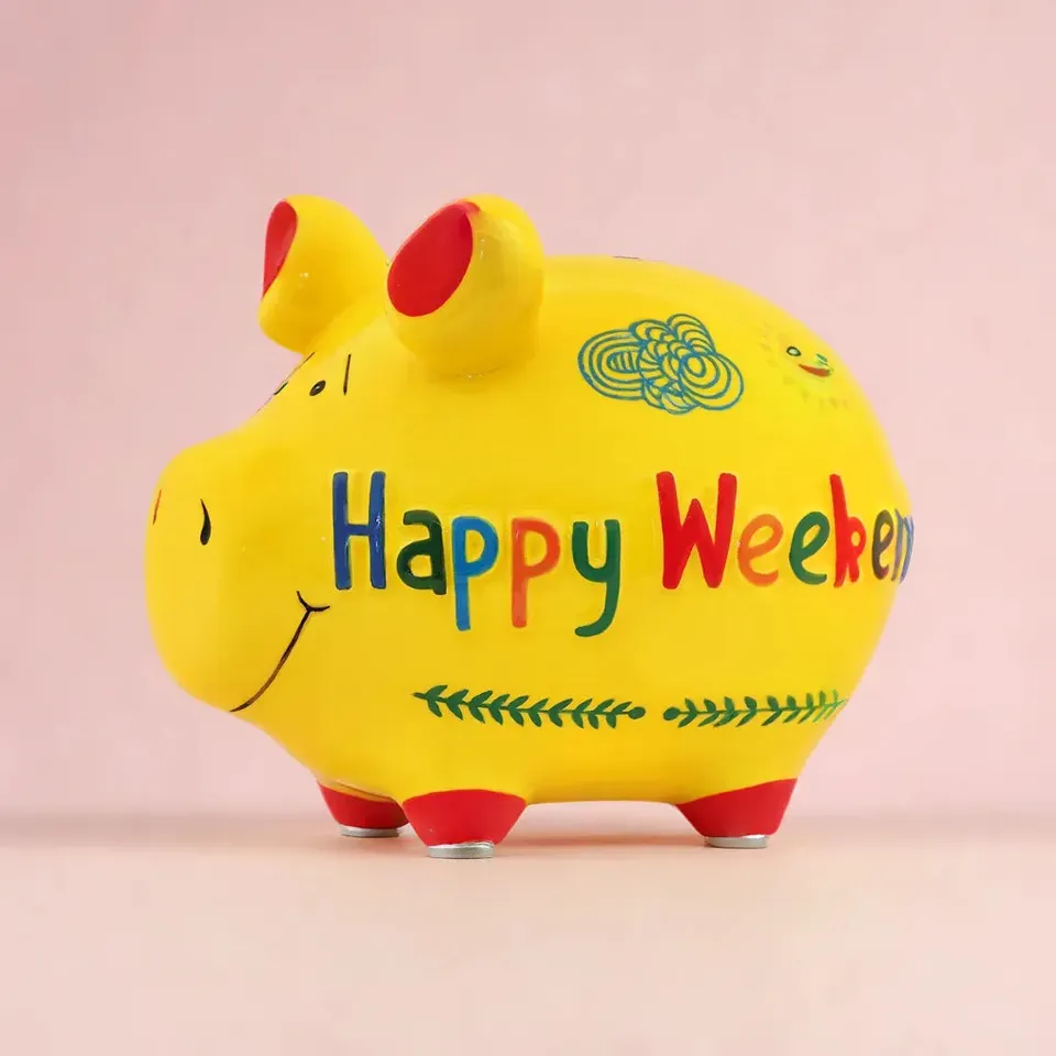 Sparschwein Company Kleinschweine Happy Weekend salvadanaio ceramica giallo
