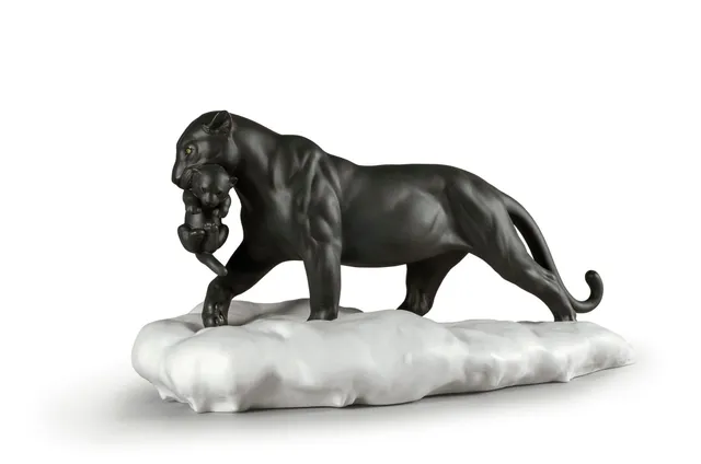 Lladró Pantera nera con cucciolo scultura in porcellana