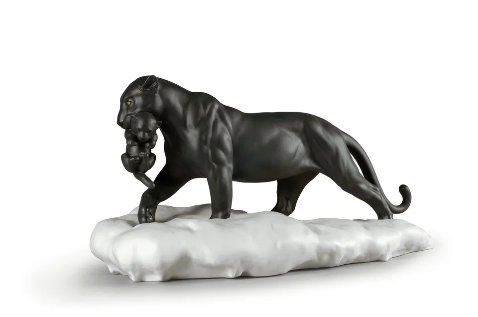 Lladró Pantera nera con cucciolo scultura in porcellana