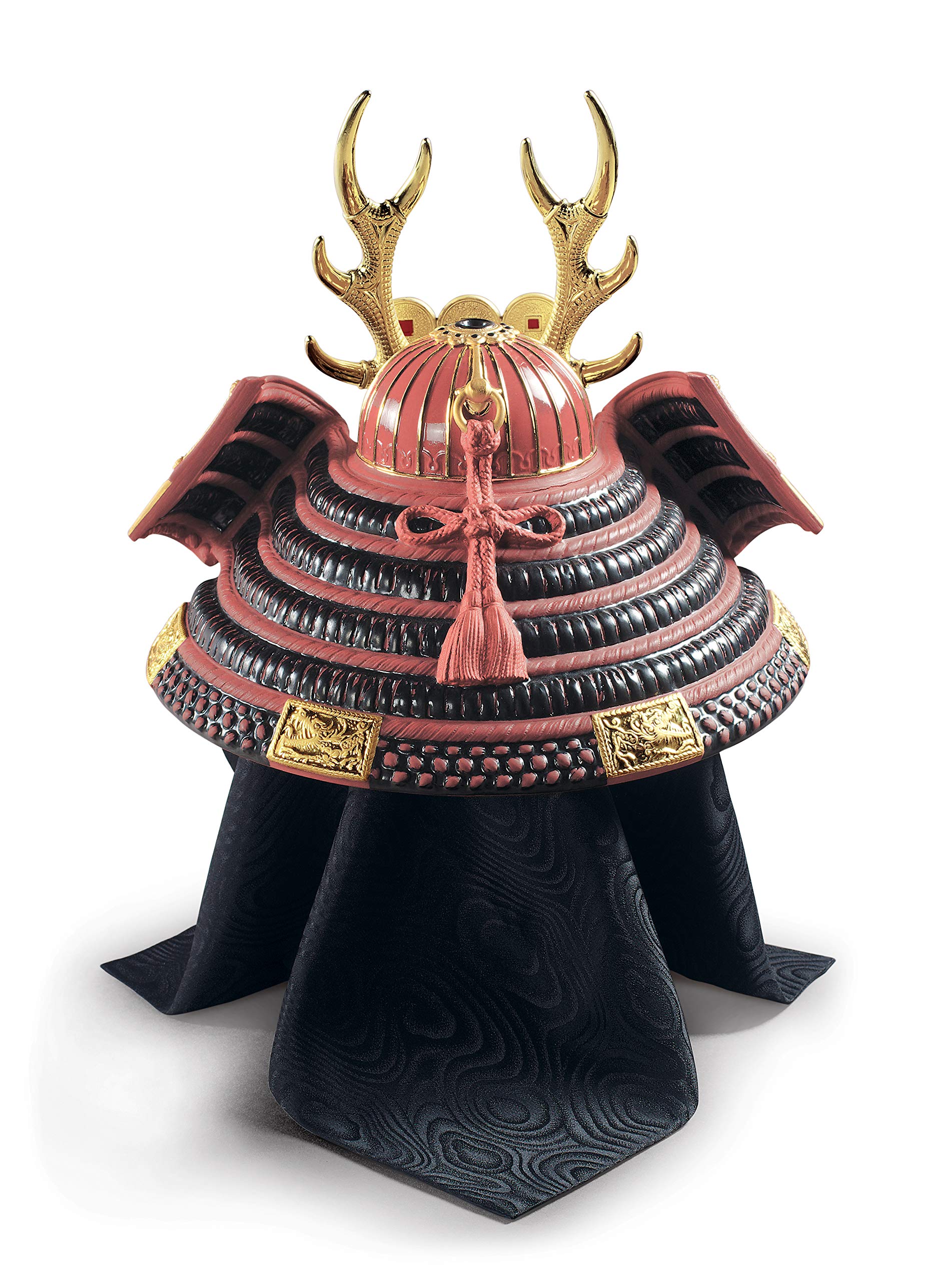Lladró Elmetto Samurai scultura porcellana rossa lustro oro