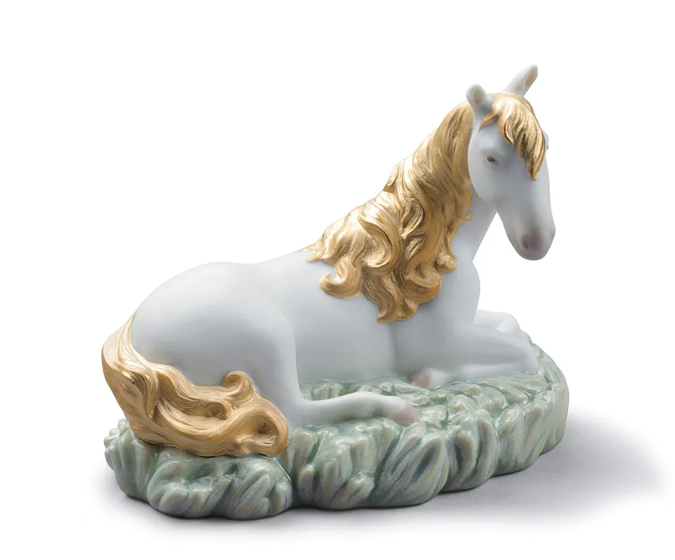 Lladró Zodiaco Cavallo statua porcellana bianco oro