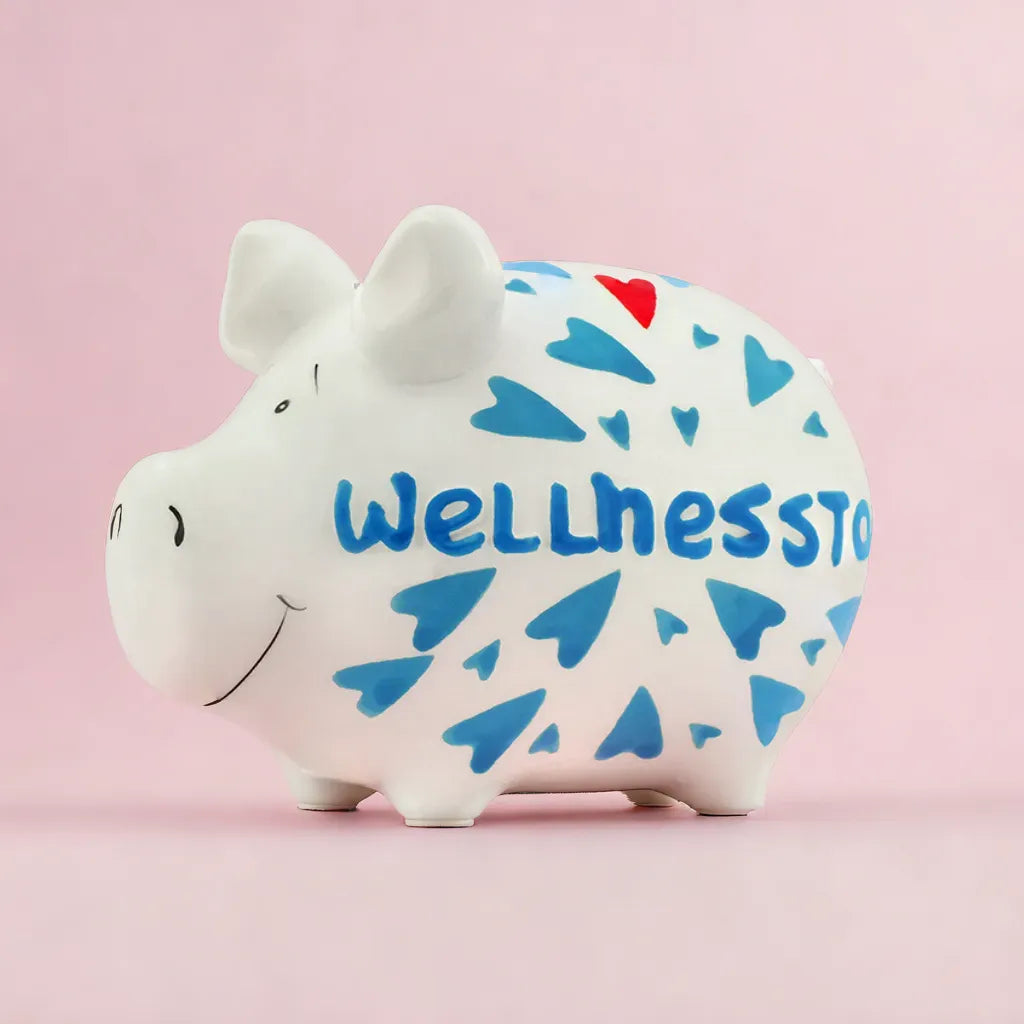Sparschwein Company Kleinschweine Wellnesstag salvadanaio maialino blu scritta