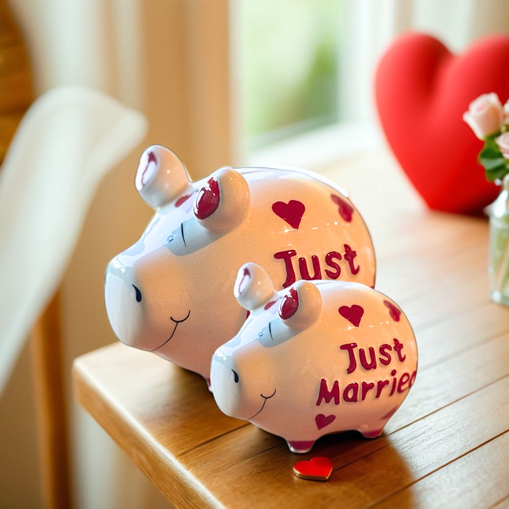 Sparschwein Company Kleinschweine Just Married salvadanaio bianco cuori