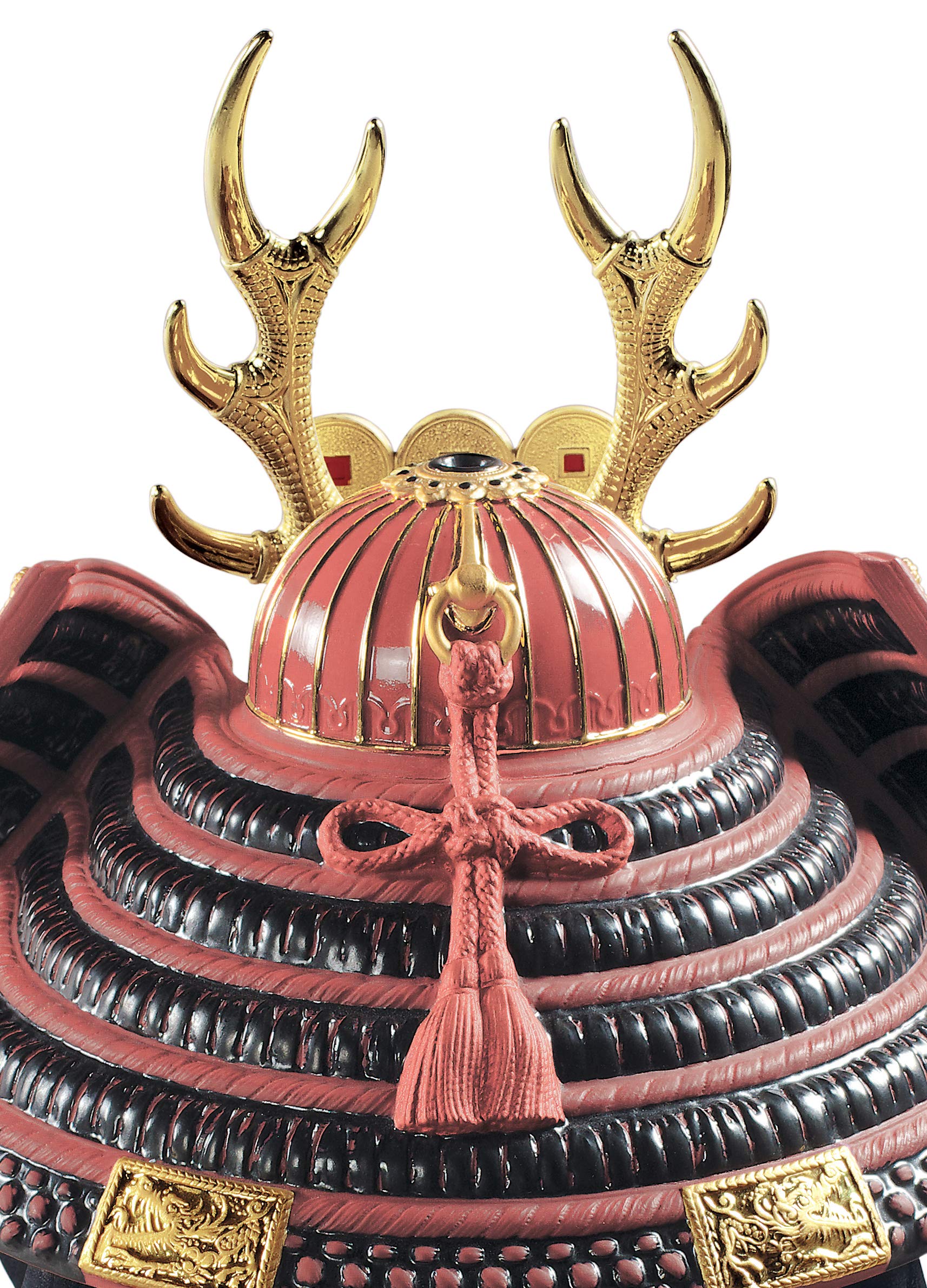 Lladró Elmetto Samurai scultura porcellana rossa lustro oro