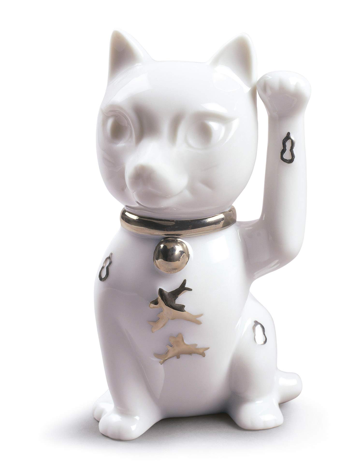 Lladró Maneki Neko Figurina Gatto Porcellana Lustro Argento