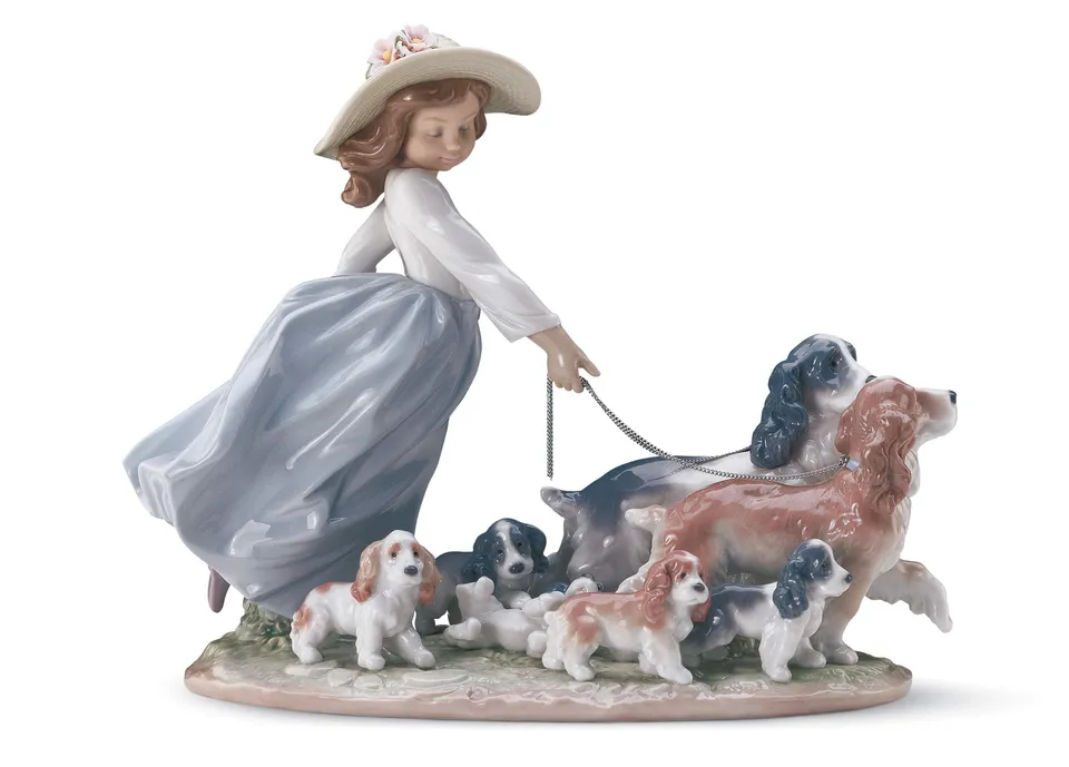 Lladró Sculture La Grande Famiglia bimba cani porcellana