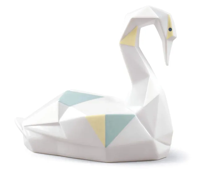 Lladró Origami Cigno statua porcellana azzurro giallo