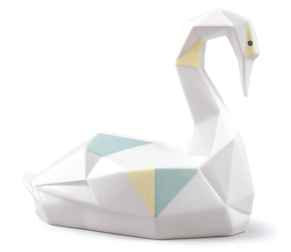 Lladró Origami Cigno statua porcellana azzurro giallo