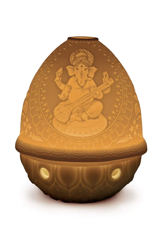 Lladró Ganesha con Veena litofania LED in porcellana ricaricabile