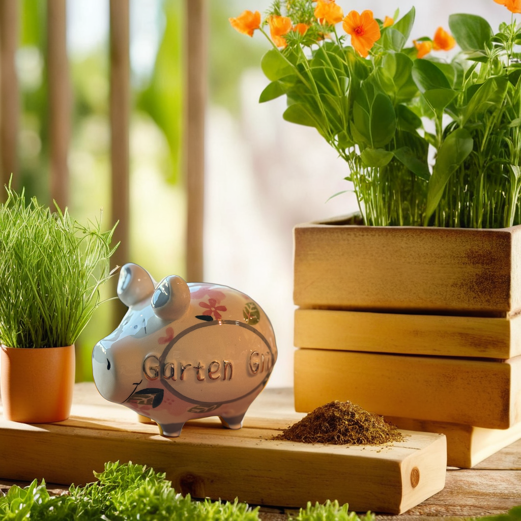 Sparschwein Company Garten Glück salvadanaio maiale piccolo fiori