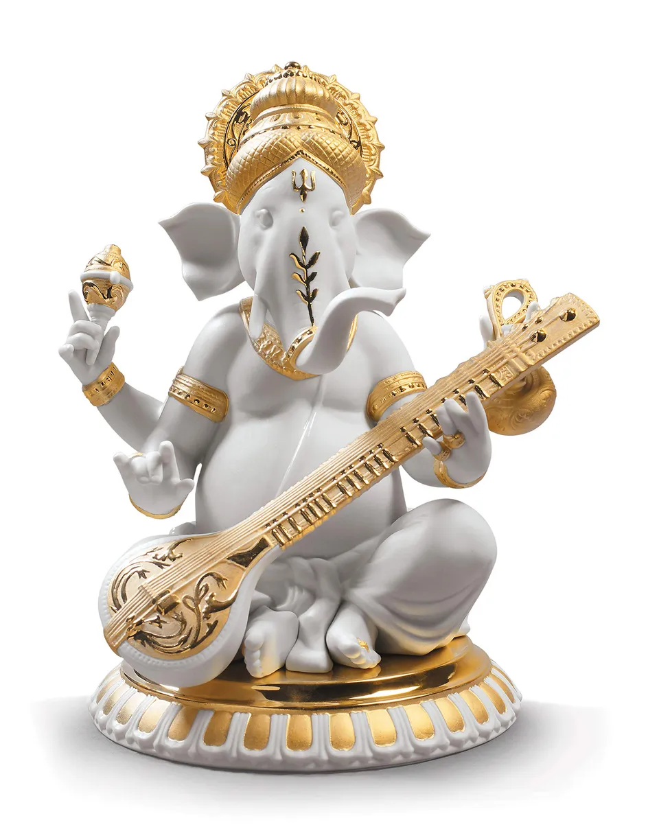Lladró Sculture Ganesha con Veena figurina oro lustro