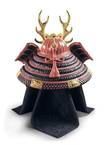 Lladró Elmetto Samurai scultura porcellana rossa lustro oro