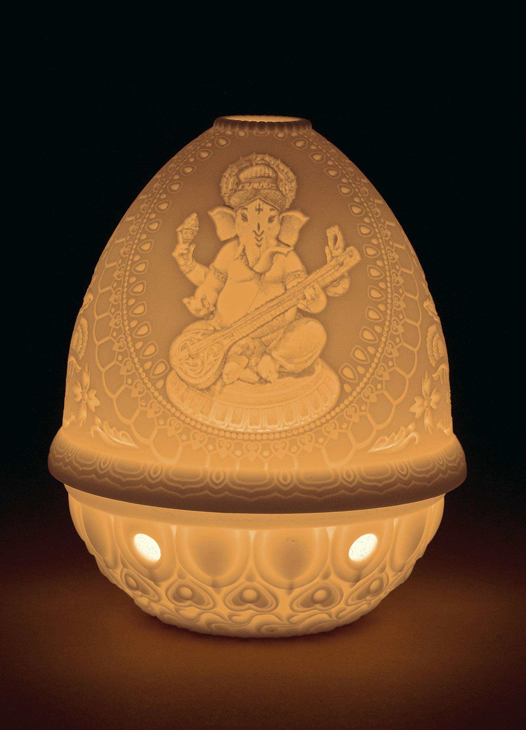 Lladró Ganesha con Veena litofania LED in porcellana ricaricabile