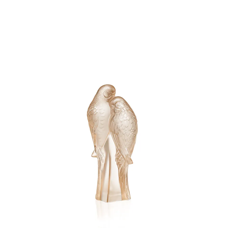 Lalique 2 Parakeets scultura cristallo Inseparabili dorata
