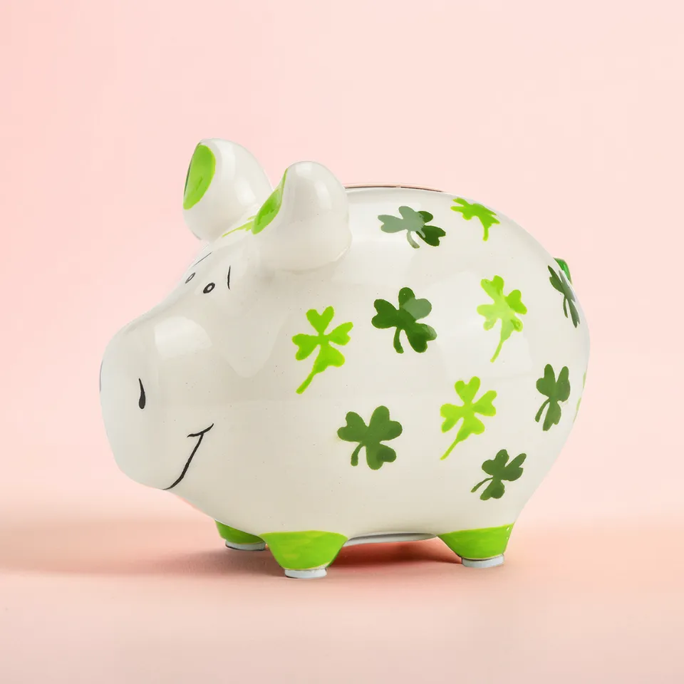 Sparschwein Kleeblatt salvadanaio maiale ceramica bianco verde
