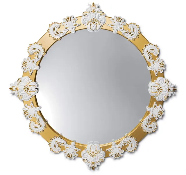 Lladró Specchio Rotondo Grande Oro Specchio Porcellana Bianco