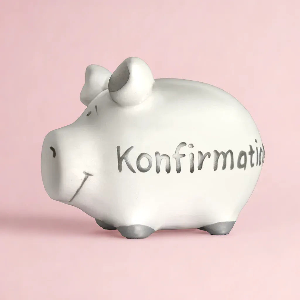 Sparschwein Company Kleinschweine Konfirmation salvadanaio bianco scritta
