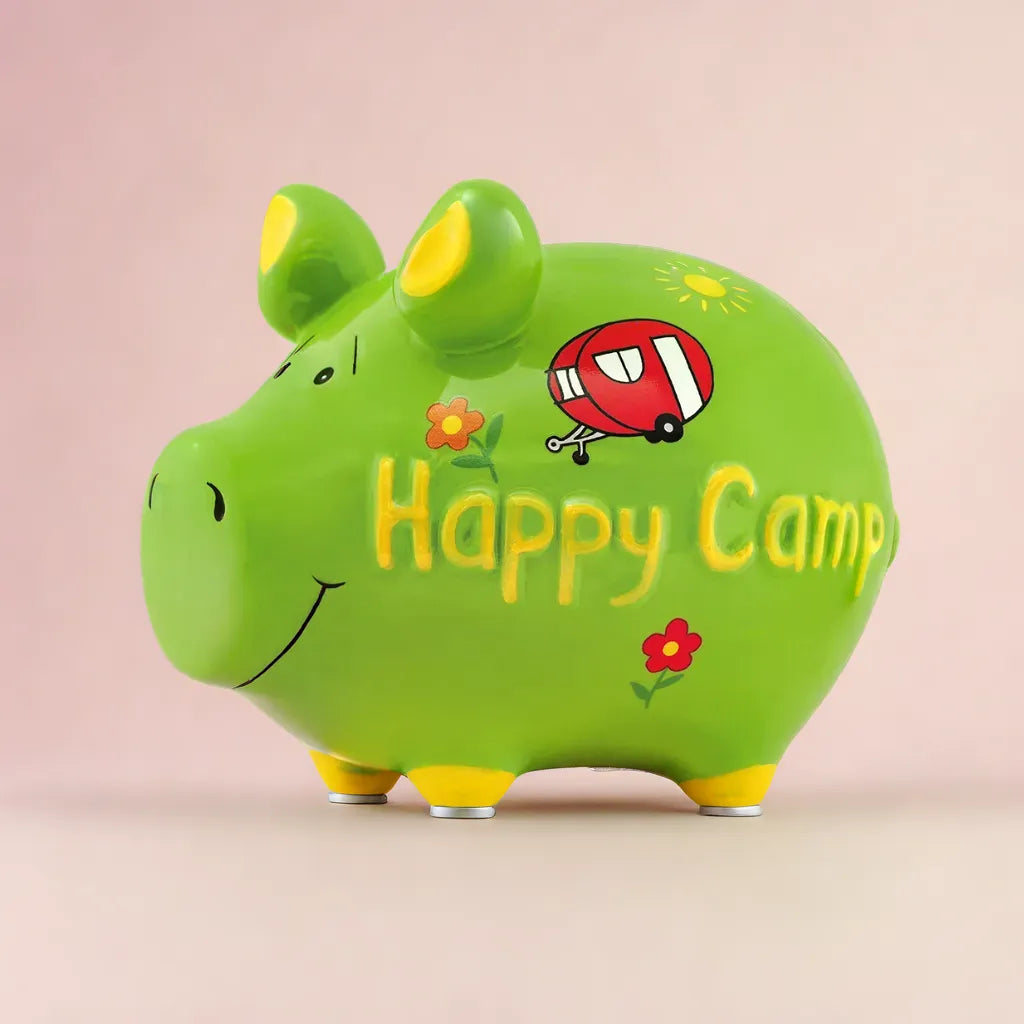 Sparschwein Happy Camper salvadanaio maiale ceramica verde