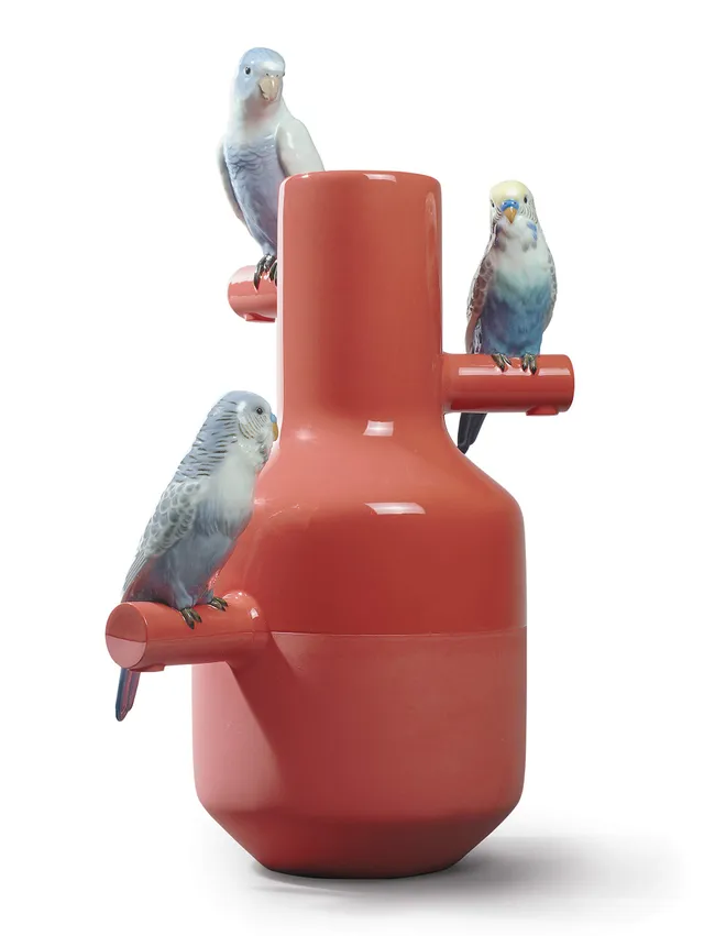 Lladró Parrot Parade vaso porcellana rosso corallo pappagalli