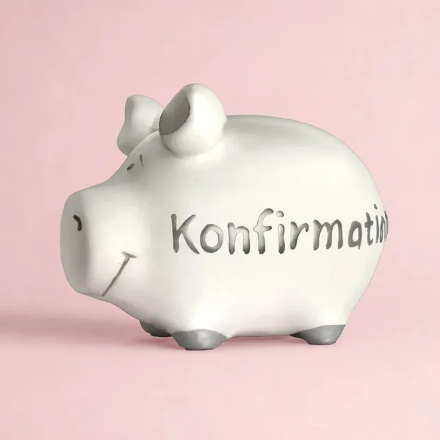 Sparschwein Company Kleinschweine Konfirmation salvadanaio bianco scritta