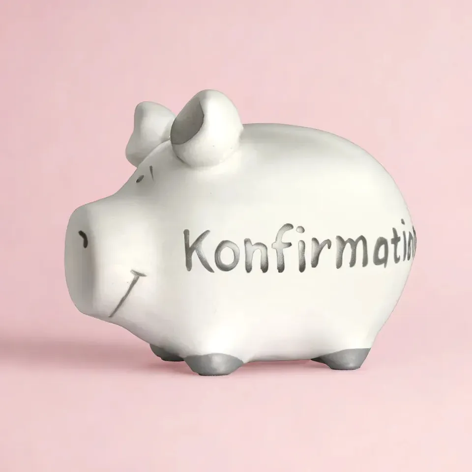 Sparschwein Company Kleinschweine Konfirmation salvadanaio bianco scritta