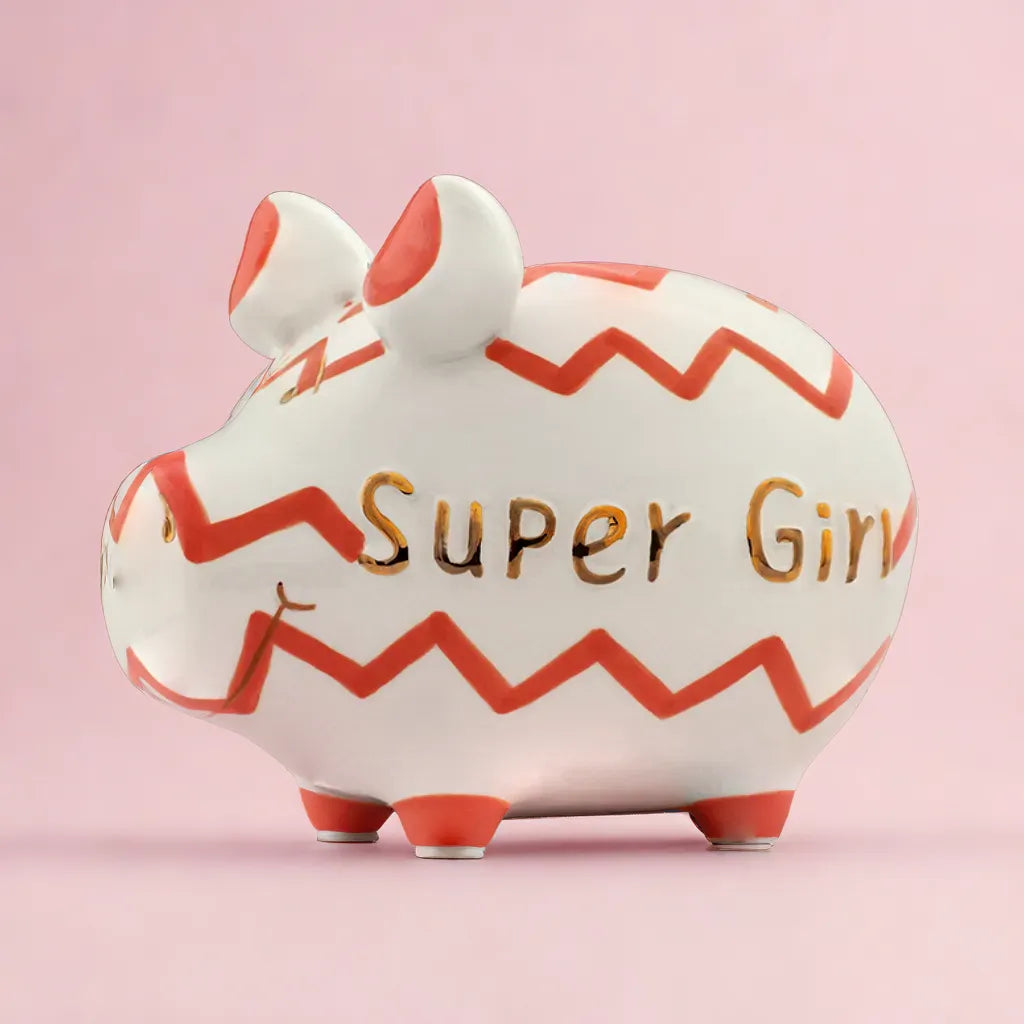 Sparschwein Company Kleinschweine Super Girl salvadanaio bianco rosa