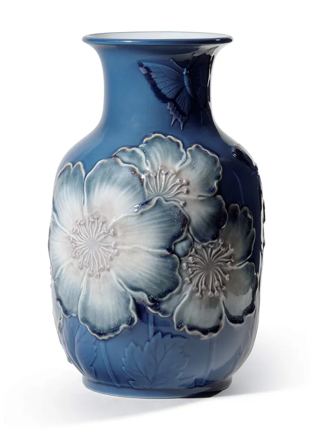 Lladró Vaso Alto Con Papaveri vaso azzurro porcellana