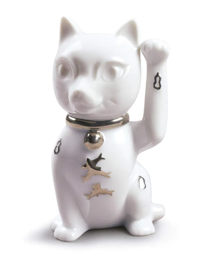 Lladró Maneki Neko Figurina Gatto Porcellana Lustro Argento