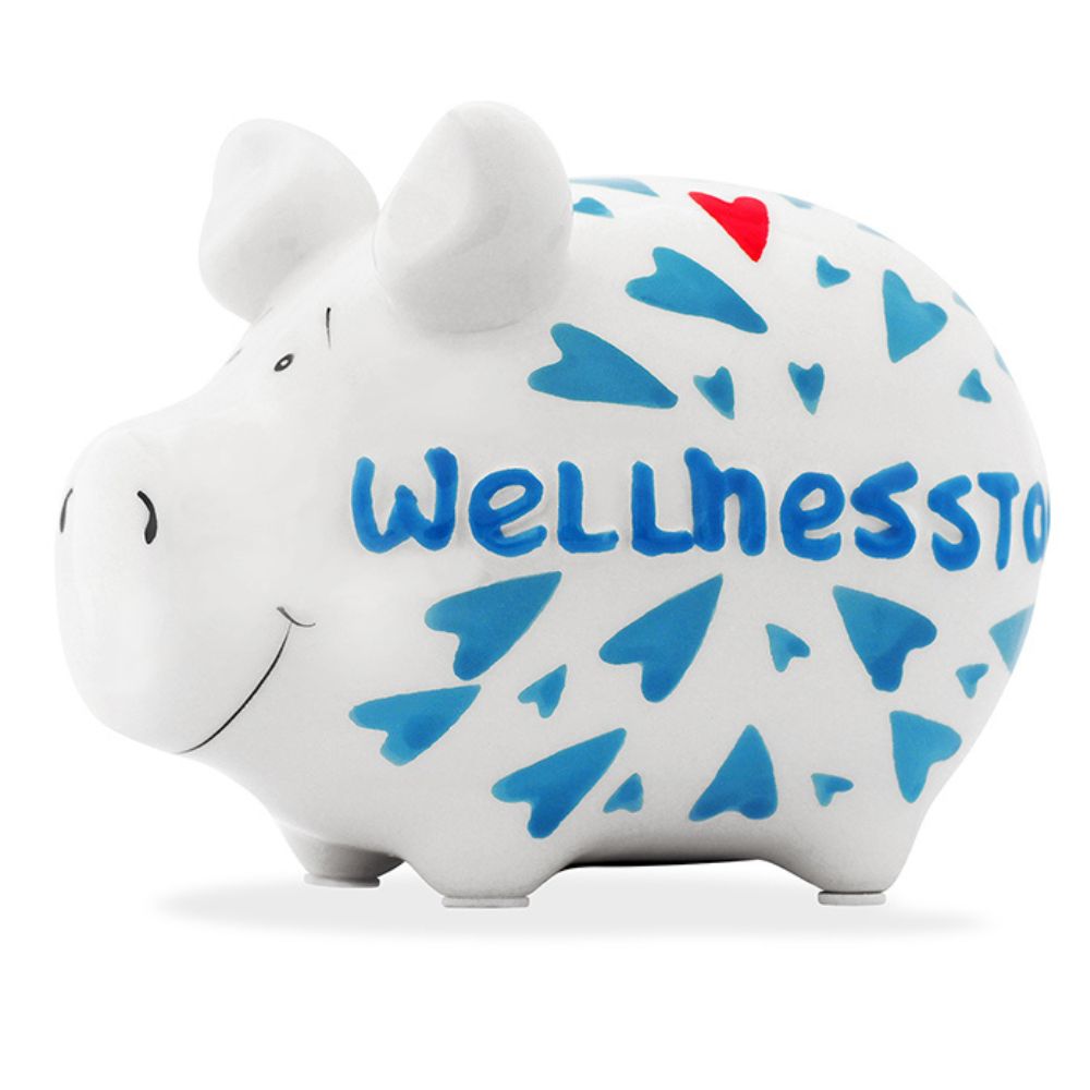 Sparschwein Company Kleinschweine Wellnesstag salvadanaio maialino blu scritta
