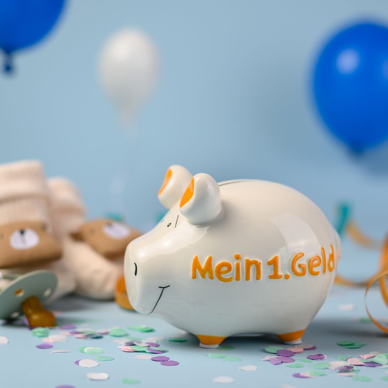 Sparschwein Mein 1. Geld salvadanaio maialino ceramica bianco giallo