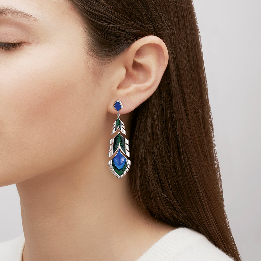René Lalique Paon orecchini pavone argento cristallo blu L