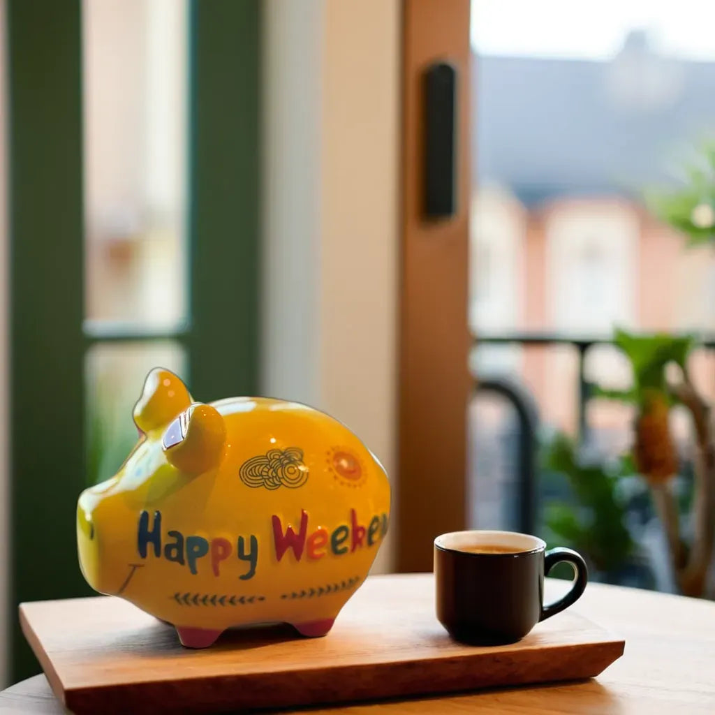 Sparschwein Company Kleinschweine Happy Weekend salvadanaio ceramica giallo