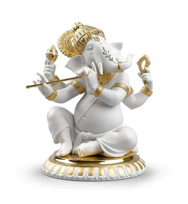 Lladró Ganesha con Bansuri figurina lustro oro porcellana