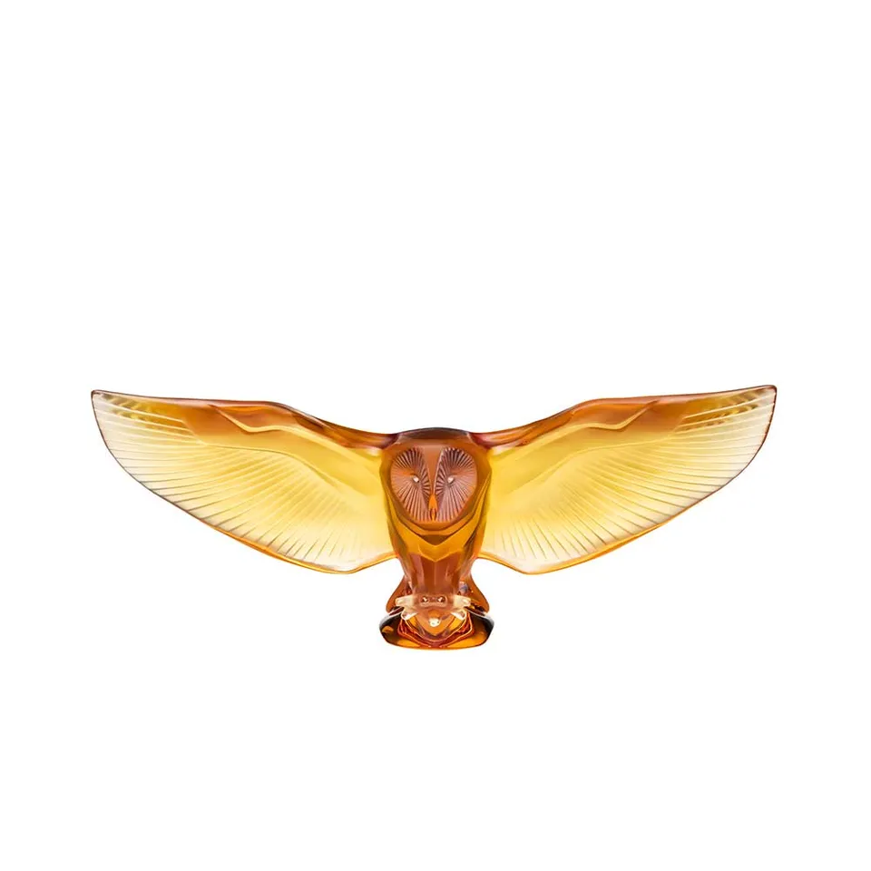 René Lalique Barn Owl scultura barbagianni cristallo ambra