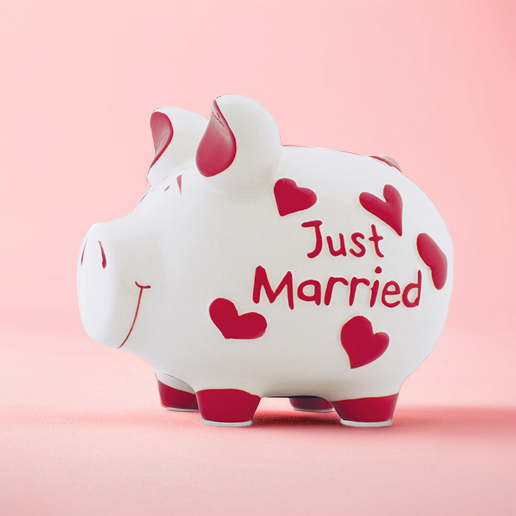 Sparschwein Company Kleinschweine Just Married salvadanaio bianco cuori