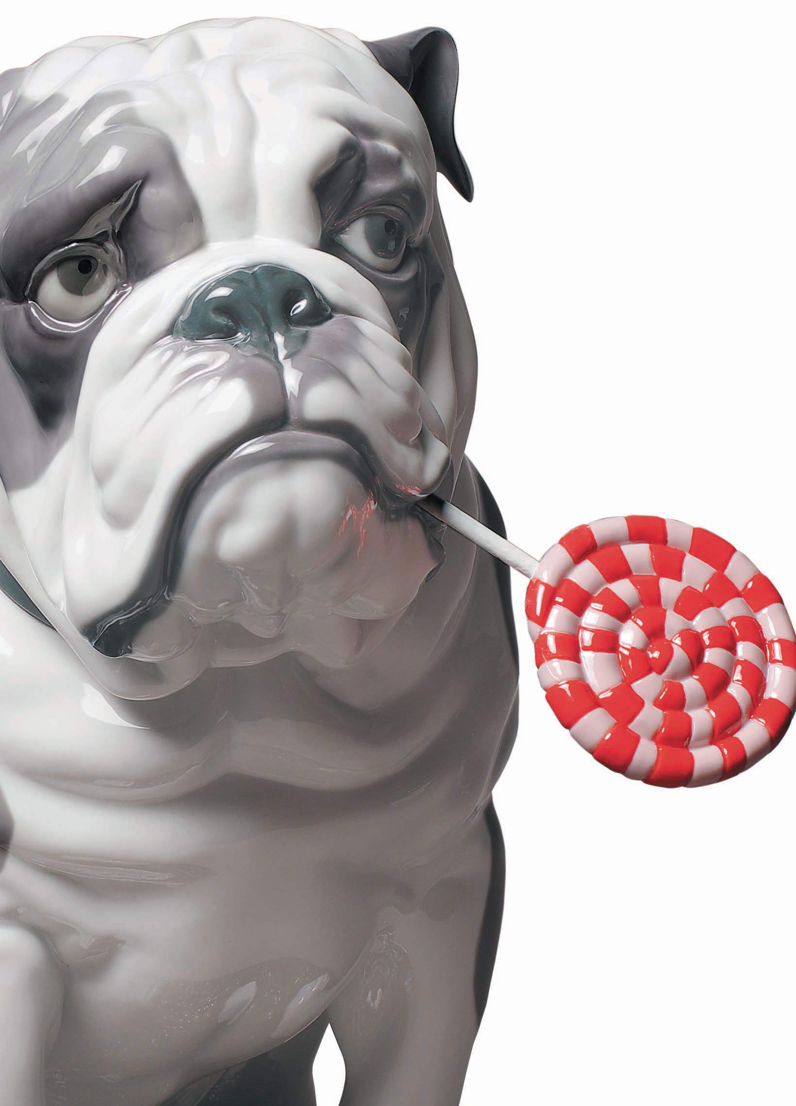 Lladró Sculture Cane Bulldog con Leccalecca Figurina Porcellana