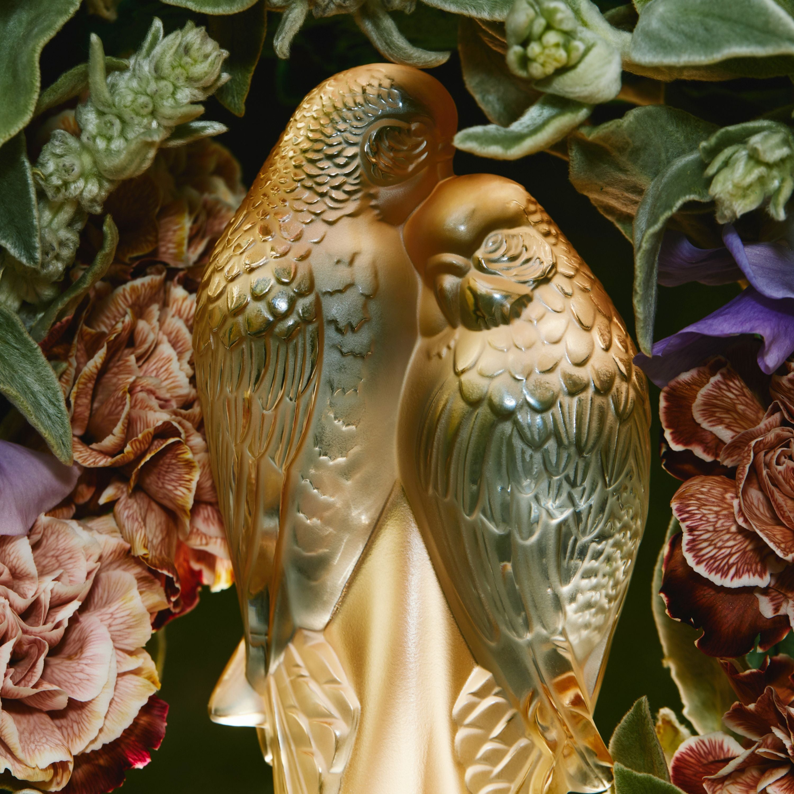 Lalique 2 Parakeets scultura cristallo Inseparabili dorata