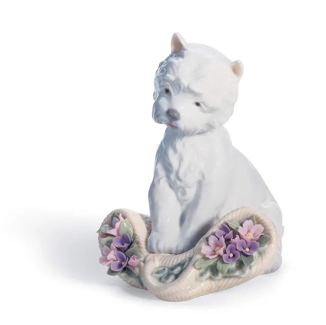 Lladró Cane Giocherellone figurina porcellana cesto fiori