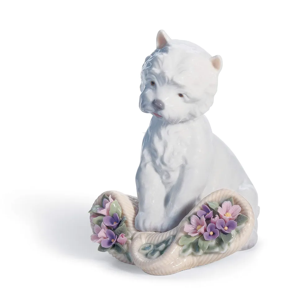 Lladró Cane Giocherellone figurina porcellana cesto fiori