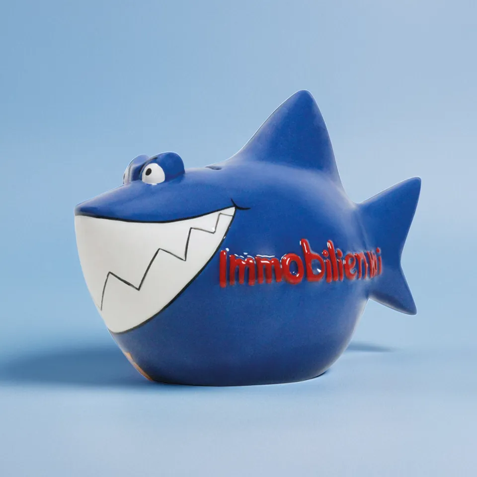Sparschwein Kleinhaie Immobilienhai salvadanaio blu piccolo