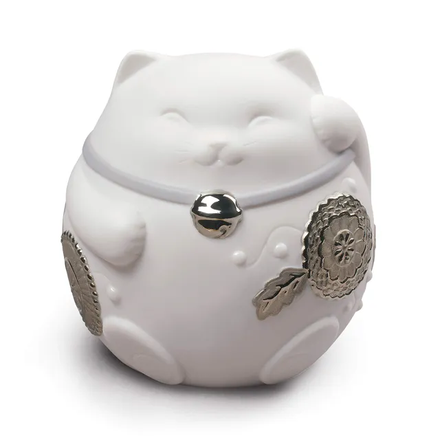Lladró Maneki Neko III scultura porcellana lustro argento