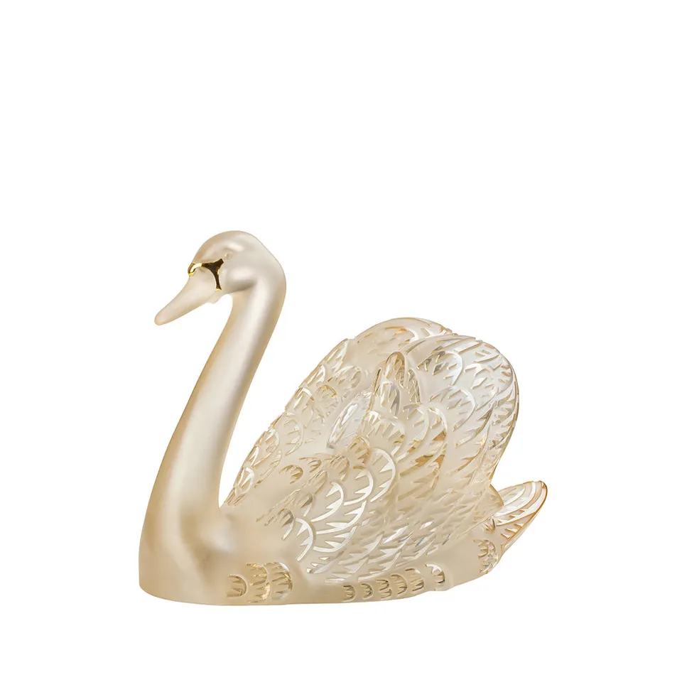Lalique Cigno scultura testa alta in cristallo dorato