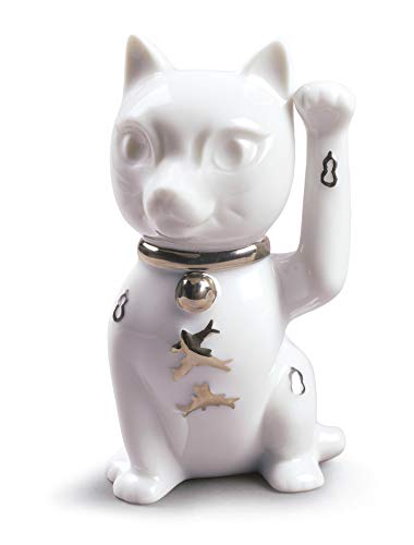 Lladró Maneki Neko Figurina Gatto Porcellana Lustro Argento